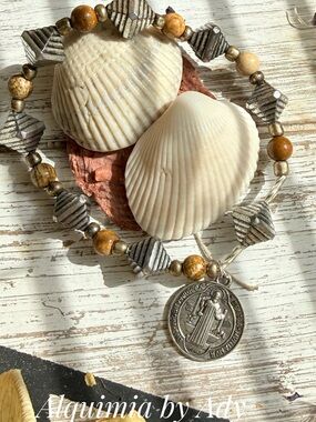 EARTHY + silver + PICTURE JASPER + Saint Benedict BEADED BRACELET